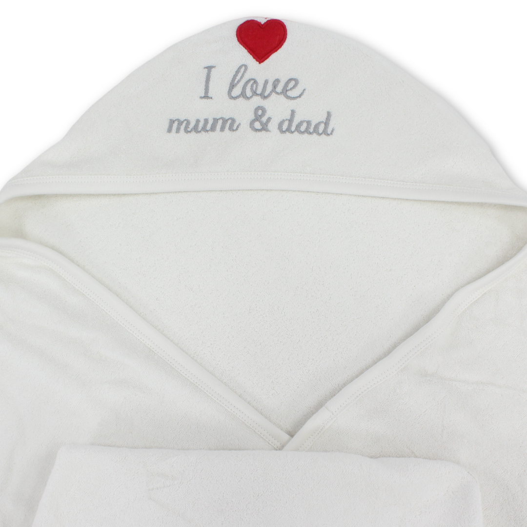 Cotton Baby Hooded Towel – "I Love Mum & Dad" Embroidery
