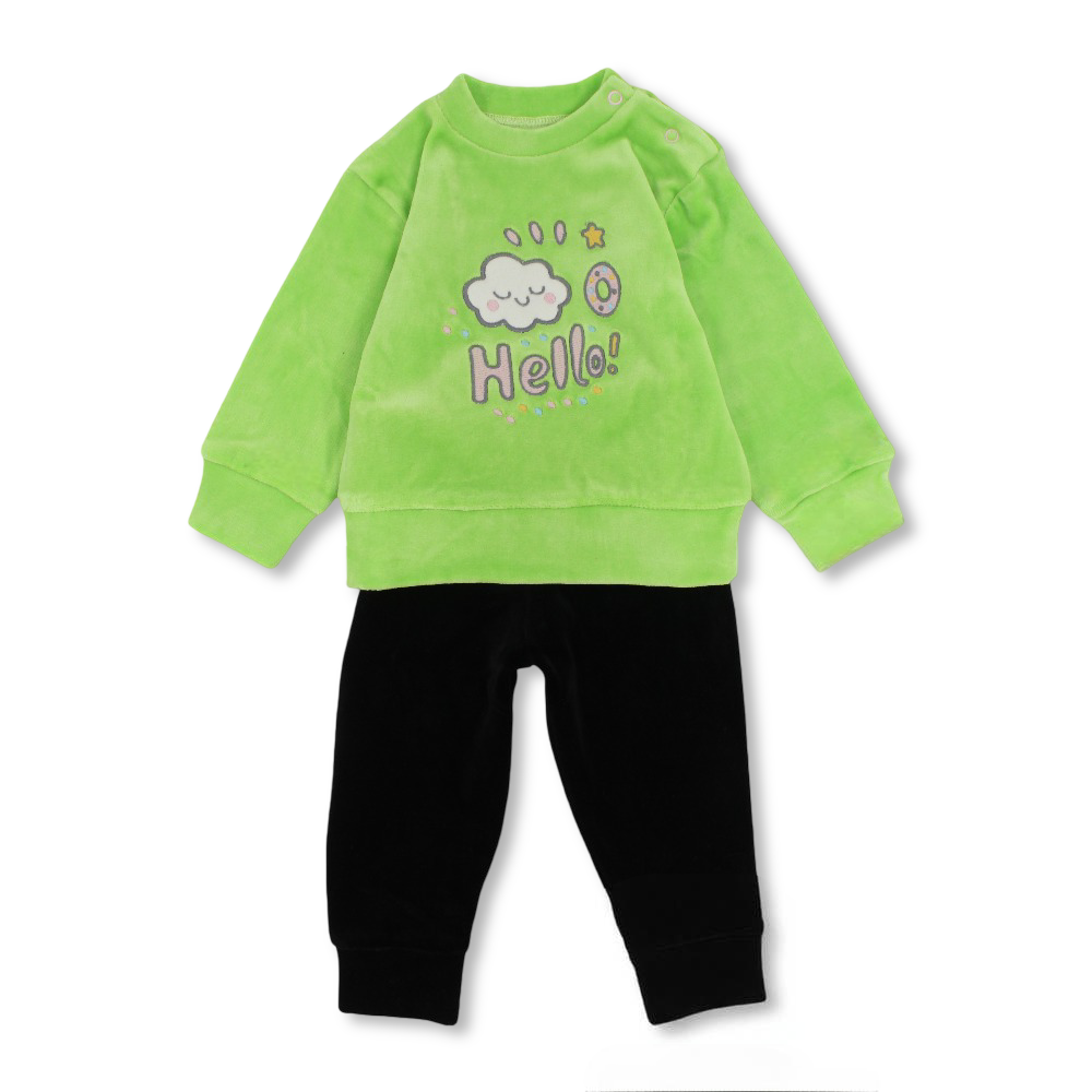 Baby Girls Velvet Pajama Set - Lemon Green with "Hello" Embroidery