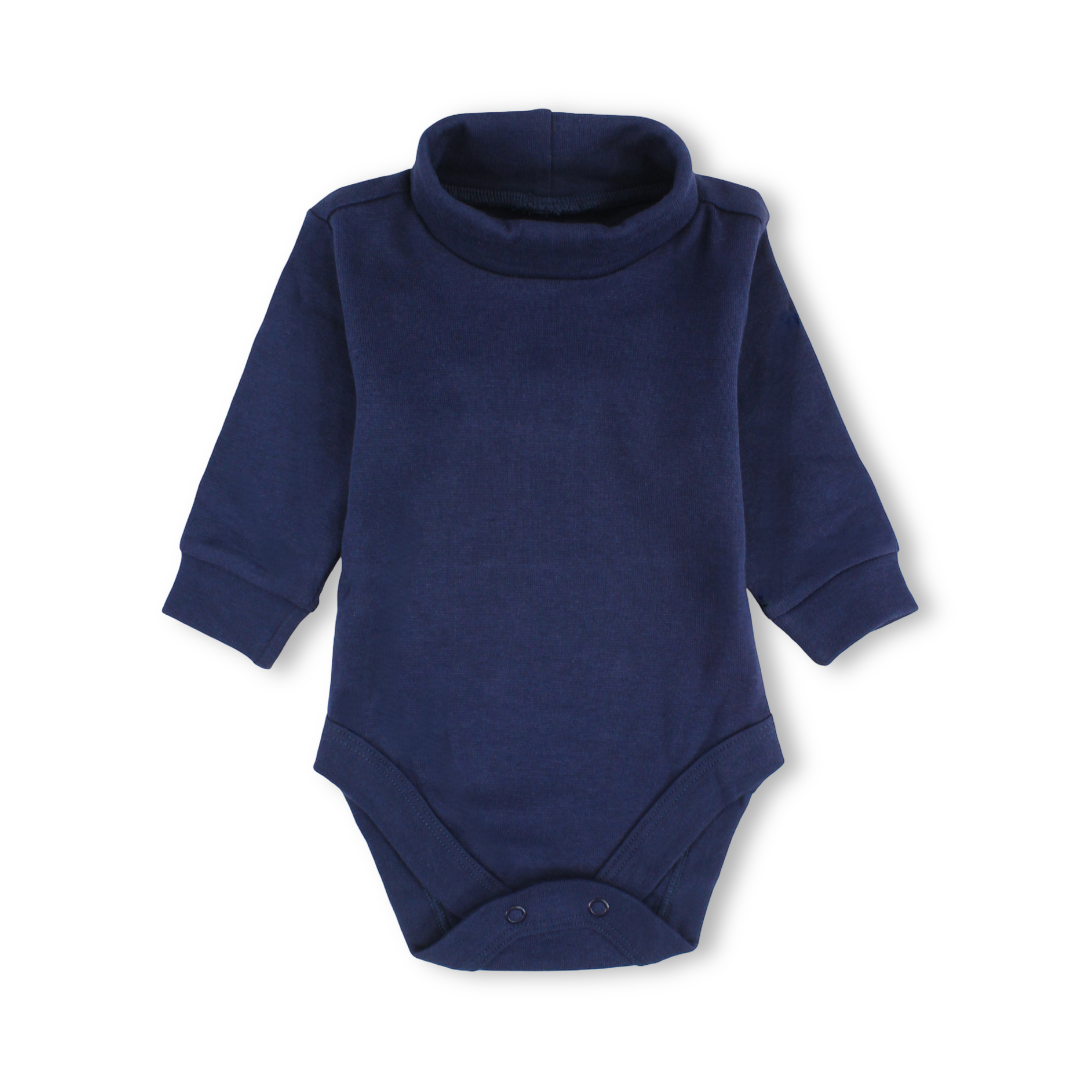 Baby Long-Sleeved High Collar Bodysuit – Navy Blue