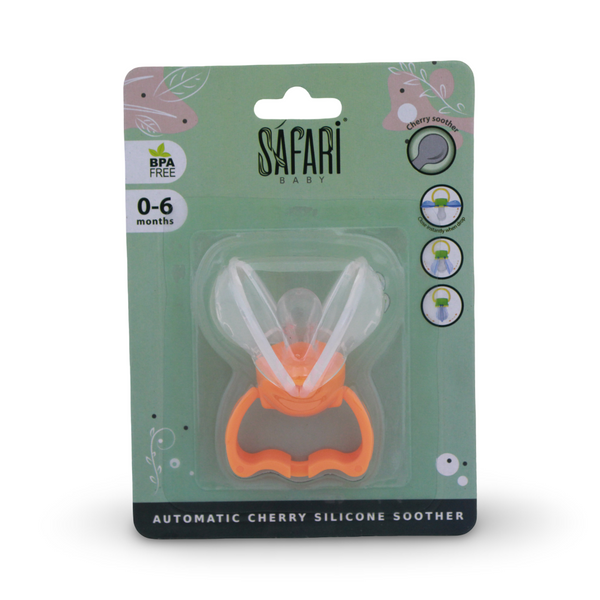 Safari Automatic Cherry Silicone Pacifier 0–6m – Orange - Baby Essentials