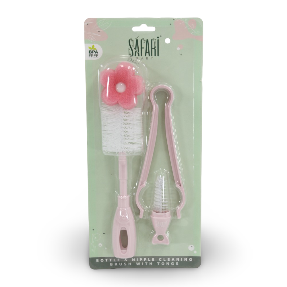 Safari Baby Bottle & Nipple Cleaning Brush Set with Tongs - Pink
