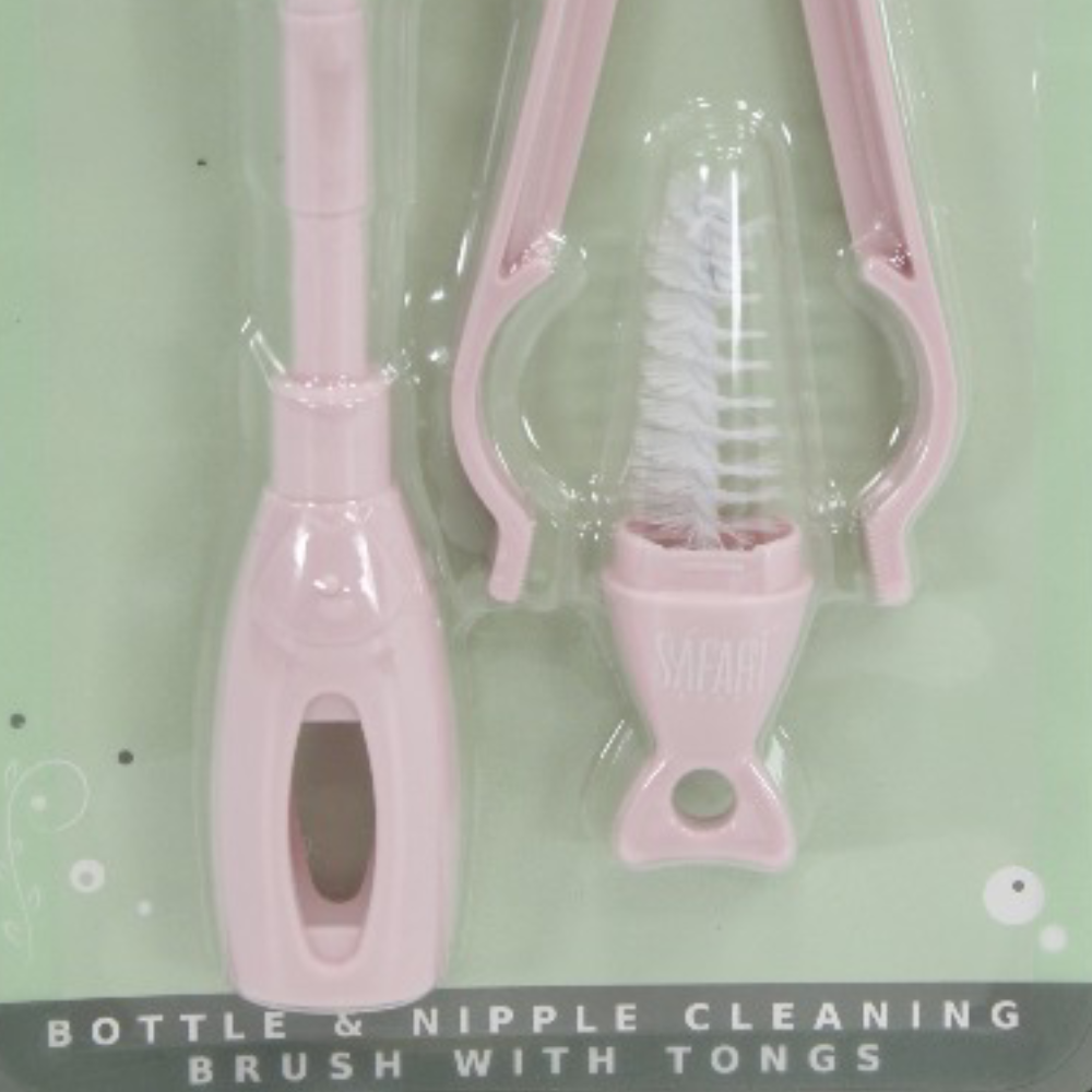 Safari Baby Bottle & Nipple Cleaning Brush Set with Tongs - Pink