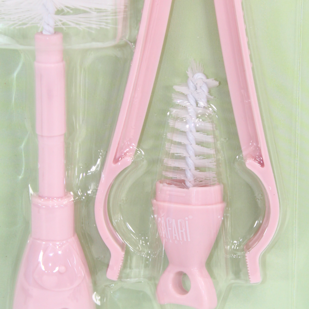 Safari Baby Bottle & Nipple Cleaning Brush Set with Tongs – Pink