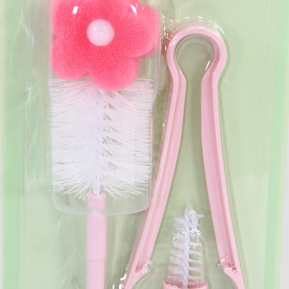 Safari Baby Bottle & Nipple Cleaning Brush Set with Tongs – Pink