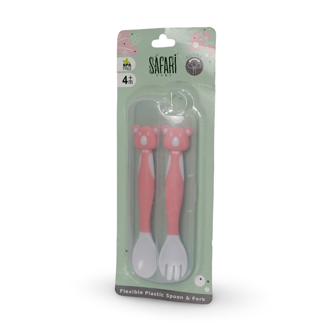 Safari Baby Flexible Plastic (Spoon and Fork) Set – Pink & White - Baby Essentials