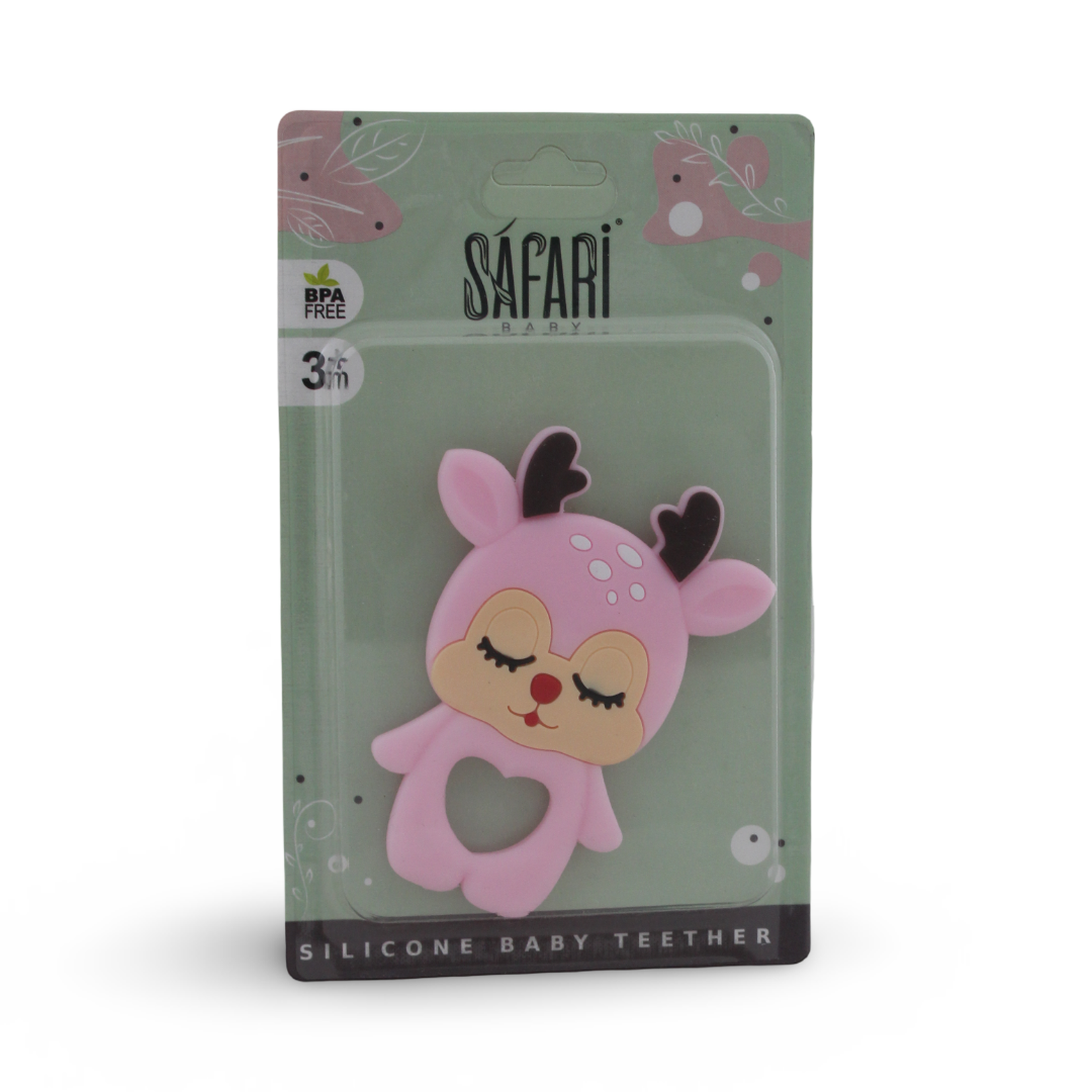 Safari Silicone Baby Teether 3m+ – Pink with Gazelle Design