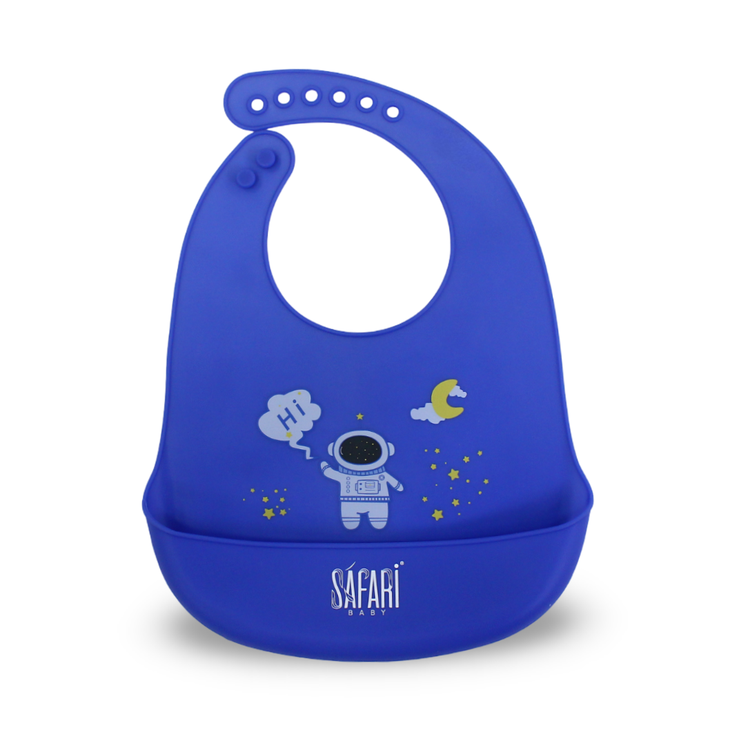 Safari Baby Silicone Bib – Blue with Space Print