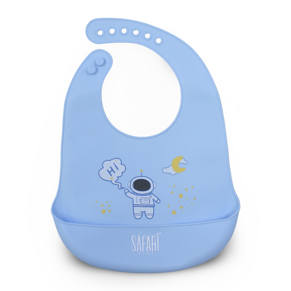 Safari Baby Silicone Bib with Pocket – Baby Blue with Astronaut Print