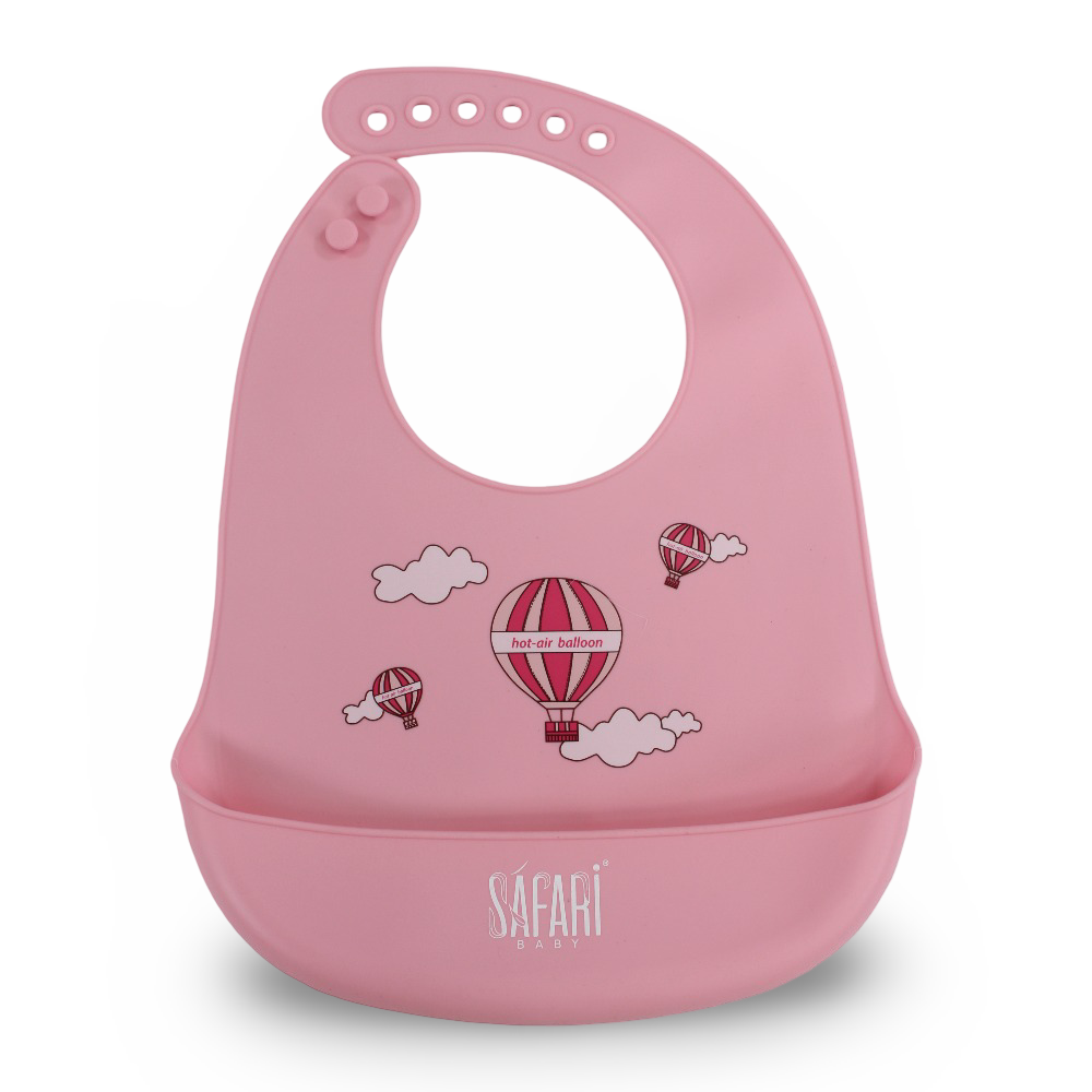 Safari Baby Silicone Bib with Pocket – Pink with Hot Air Balloon Print