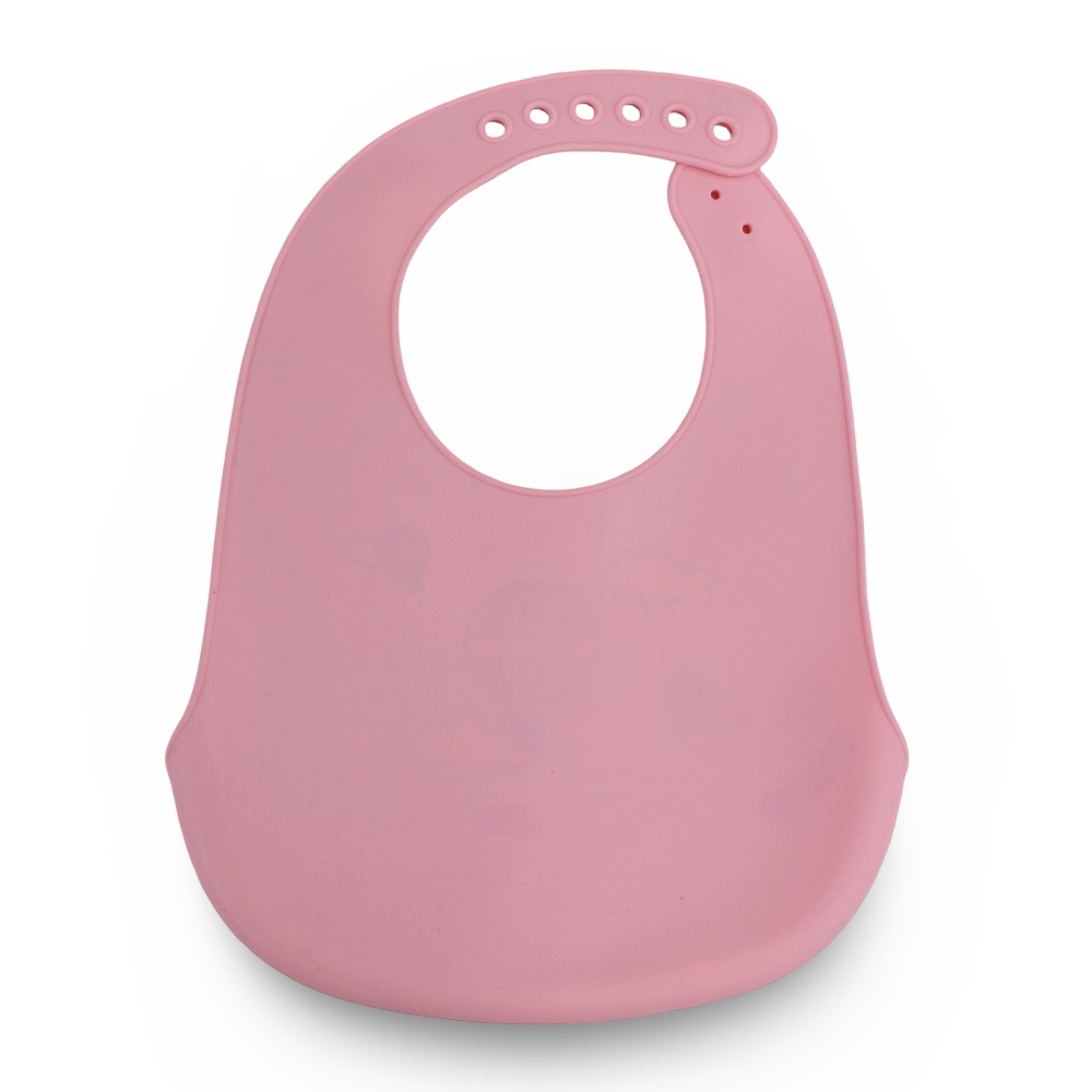Safari Baby Silicone Bib with Pocket – Pink with Hot Air Balloon Print