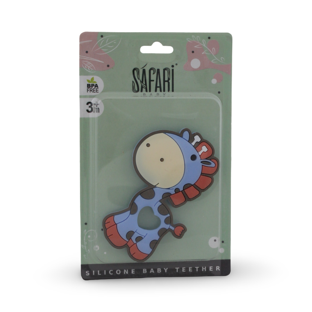 Safari Silicone Baby Teether 3m+ – Baby Blue with Giraffe Design