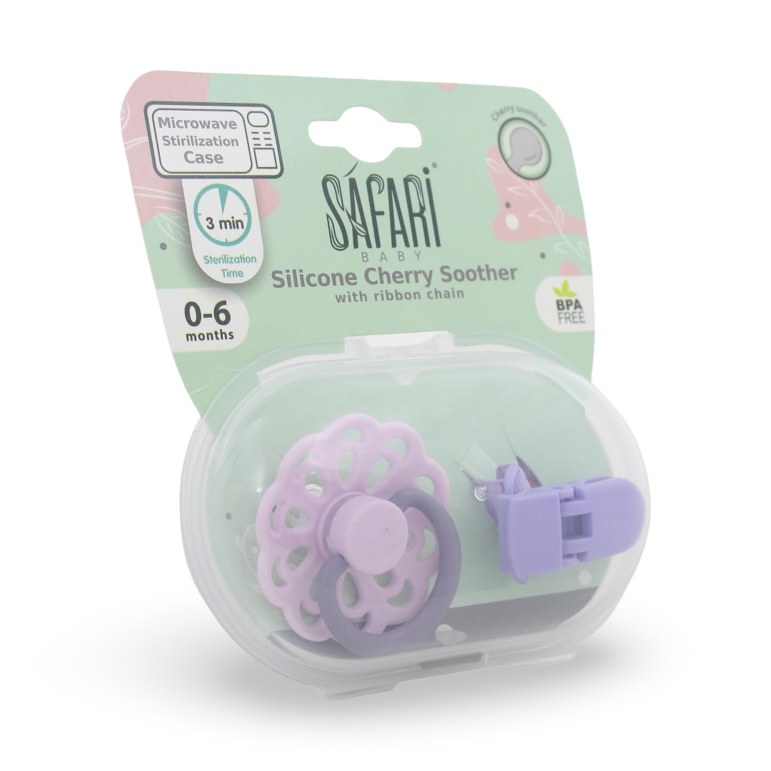 Safari Baby Silicone Cherry Soother with Ribbon Chain 0-6m – Purple - Baby Essentials