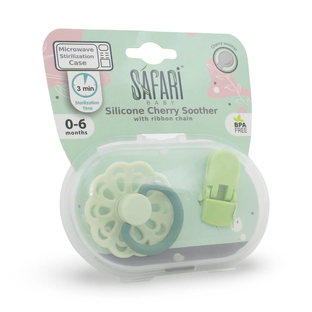 Safari Baby Silicone Cherry Soother with Ribbon Chain 0-6m – Green - Baby Essentials