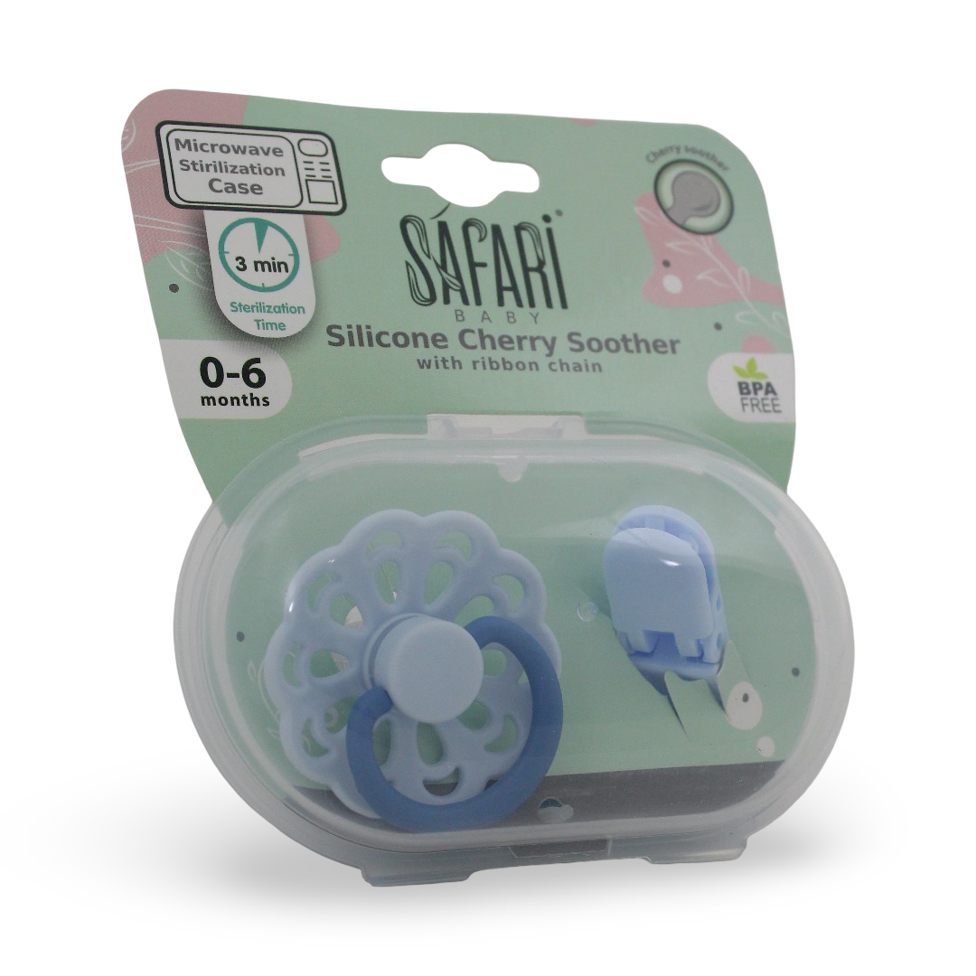 Safari Baby Silicone Cherry Soother Ribbon Chain 0-6m – Baby Blue - Baby Essentials