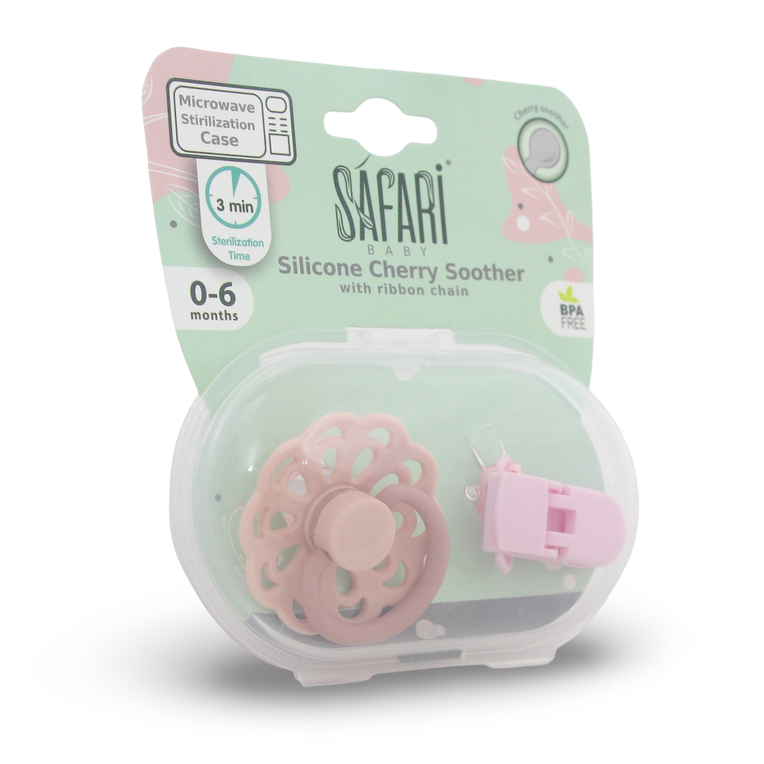 Safari Baby Silicone Cherry Soother with Ribbon Chain 0-6m – Pink