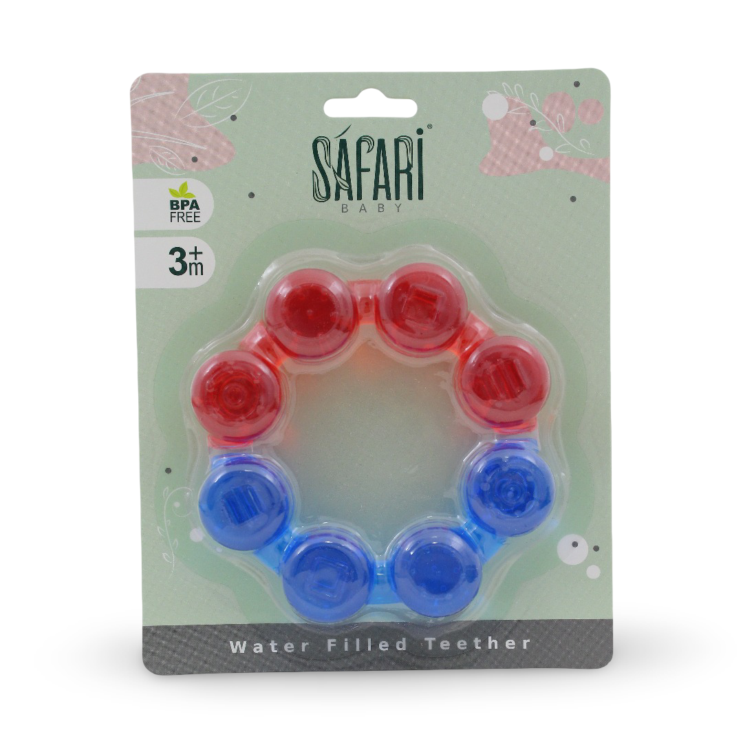 Safari Baby Water Filled Teether +3m – Blue & Red with Ring Design - Baby Essentials