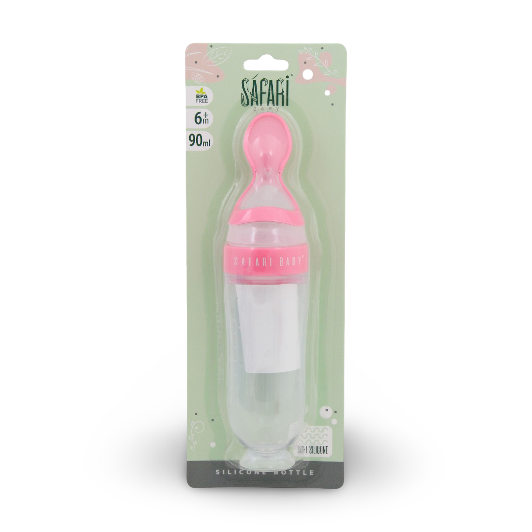 Safari Baby Silicone Bottle with Spoon 90ml +6m – Pink - Baby Essentials
