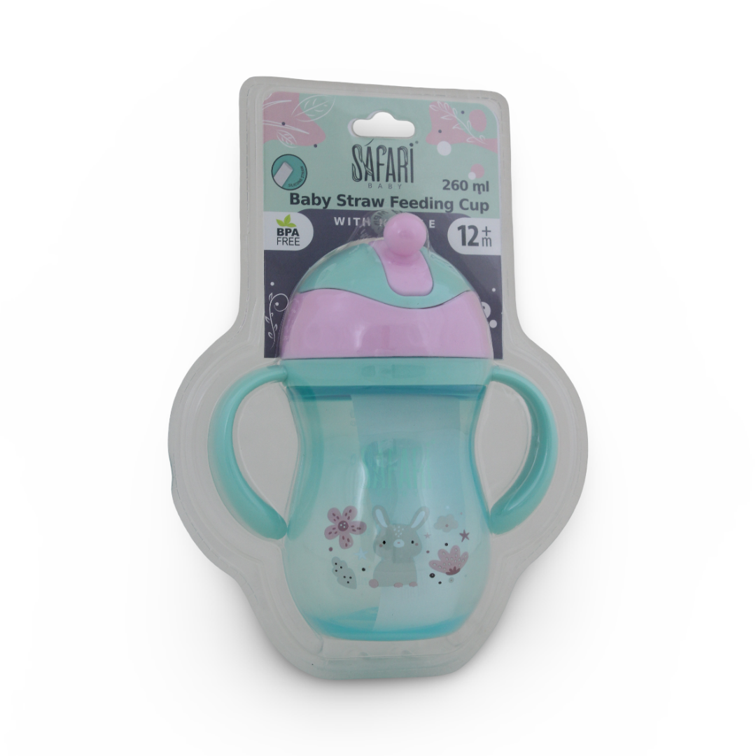 Safari Baby Straw Feeding Cup with Handles 260ml 12m+ – Turquoise & Pink - Baby Essentials