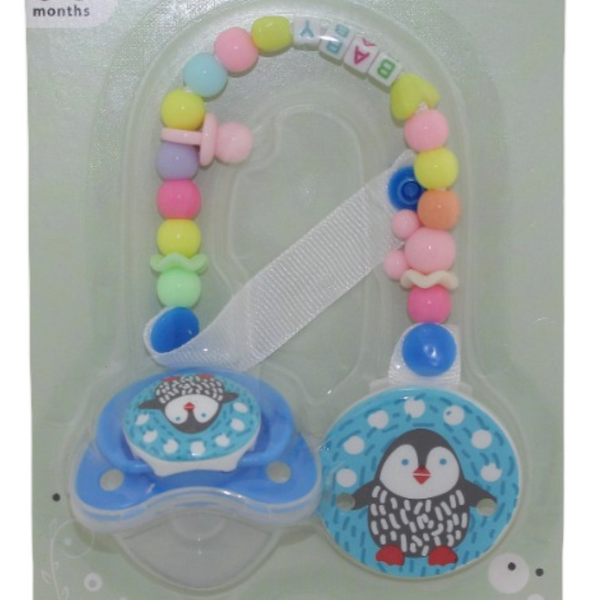 Safari Baby Soother with Clip Chain 0-6M – Blue Penguin