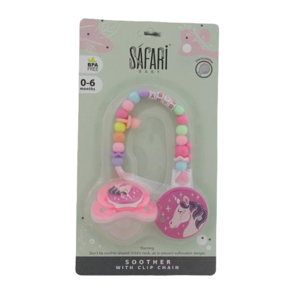 Safari Baby Soother with Clip Chain 0-6M – Pink Unicorn