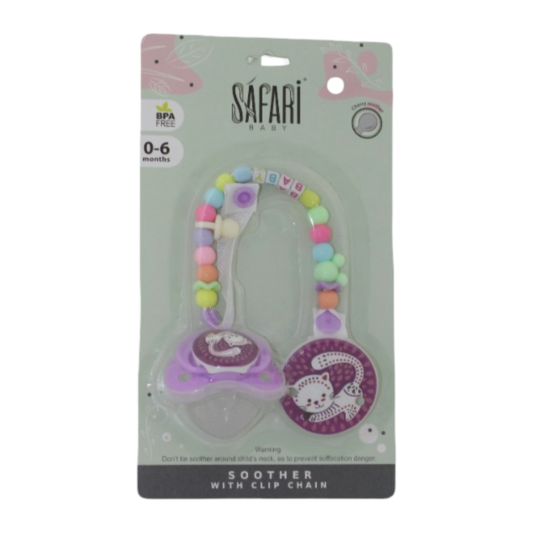 Safari Baby Soother with Clip Chain 0-6M – Purple Cat