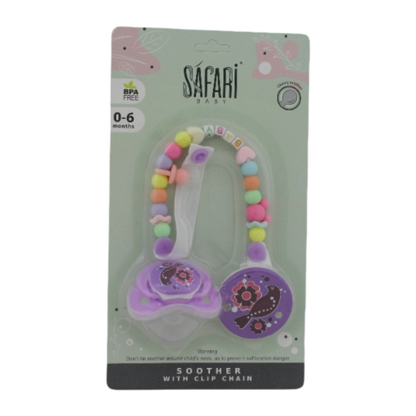 Safari Baby Soother with Clip Chain 0-6M – Purple Bird