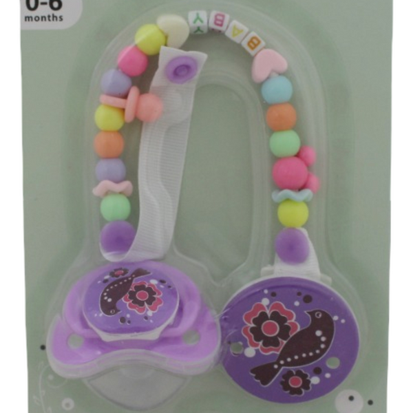 Safari Baby Soother with Clip Chain 0-6M – Purple Bird
