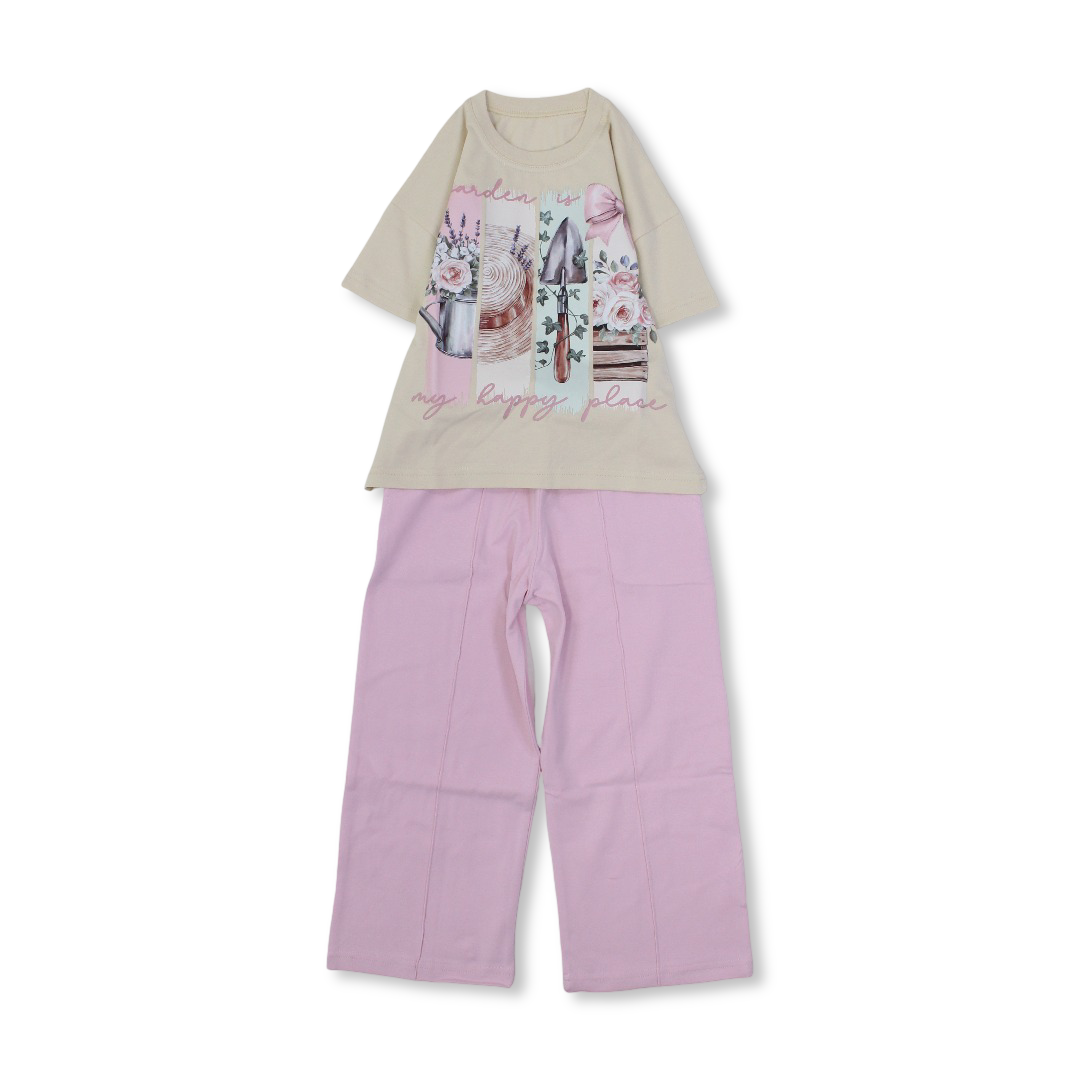 Girls Cotton Short-Sleeved Pajama – Beige & Pink with Garden Print
