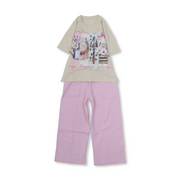 Girls Cotton Short-Sleeved Pajama – Beige & Pink with Garden Print