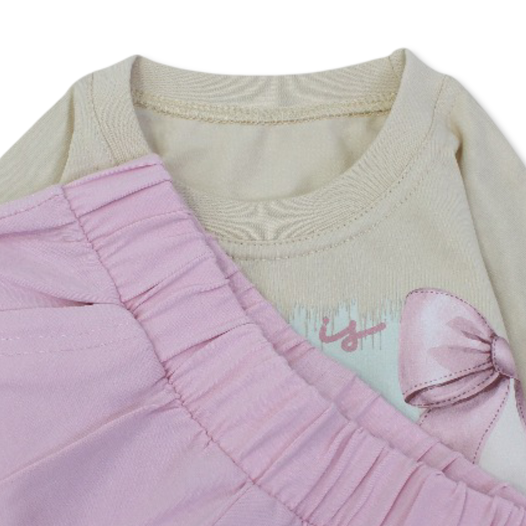 Girls Cotton Short-Sleeved Pajama – Beige & Pink with Garden Print