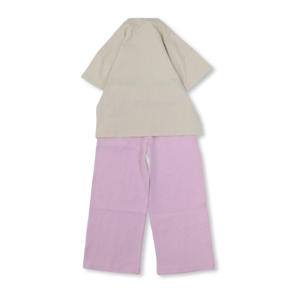 Girls Cotton Short-Sleeved Pajama – Beige & Pink with Garden Print