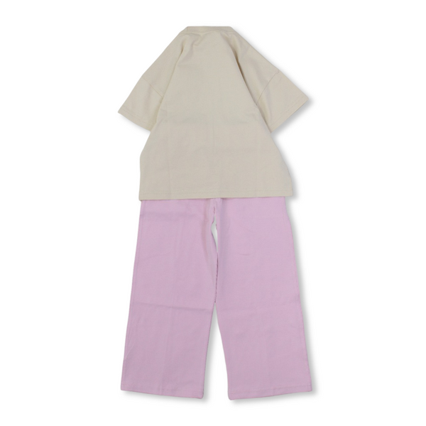 Girls Cotton Short-Sleeved Pajama – Beige & Pink with Garden Print