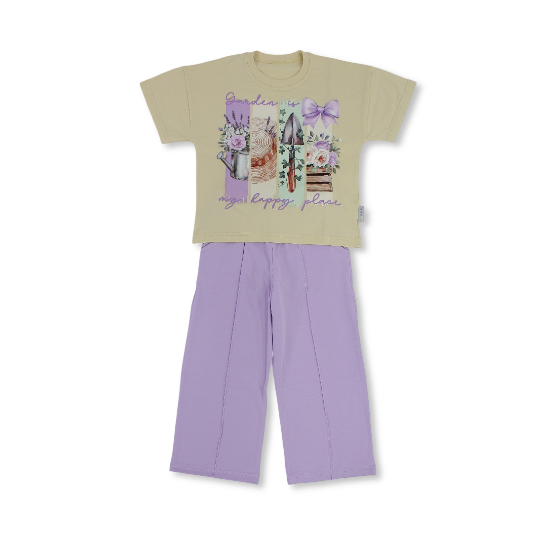 Girls Cotton Pajama – Purple & Beige with Garden Print