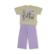 Girls Cotton Pajama – Purple & Beige with Garden Print