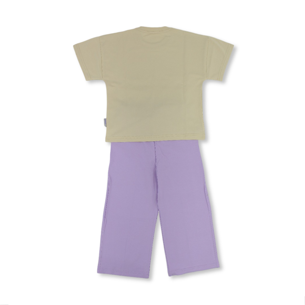 Girls Cotton Pajama – Purple & Beige with Garden Print