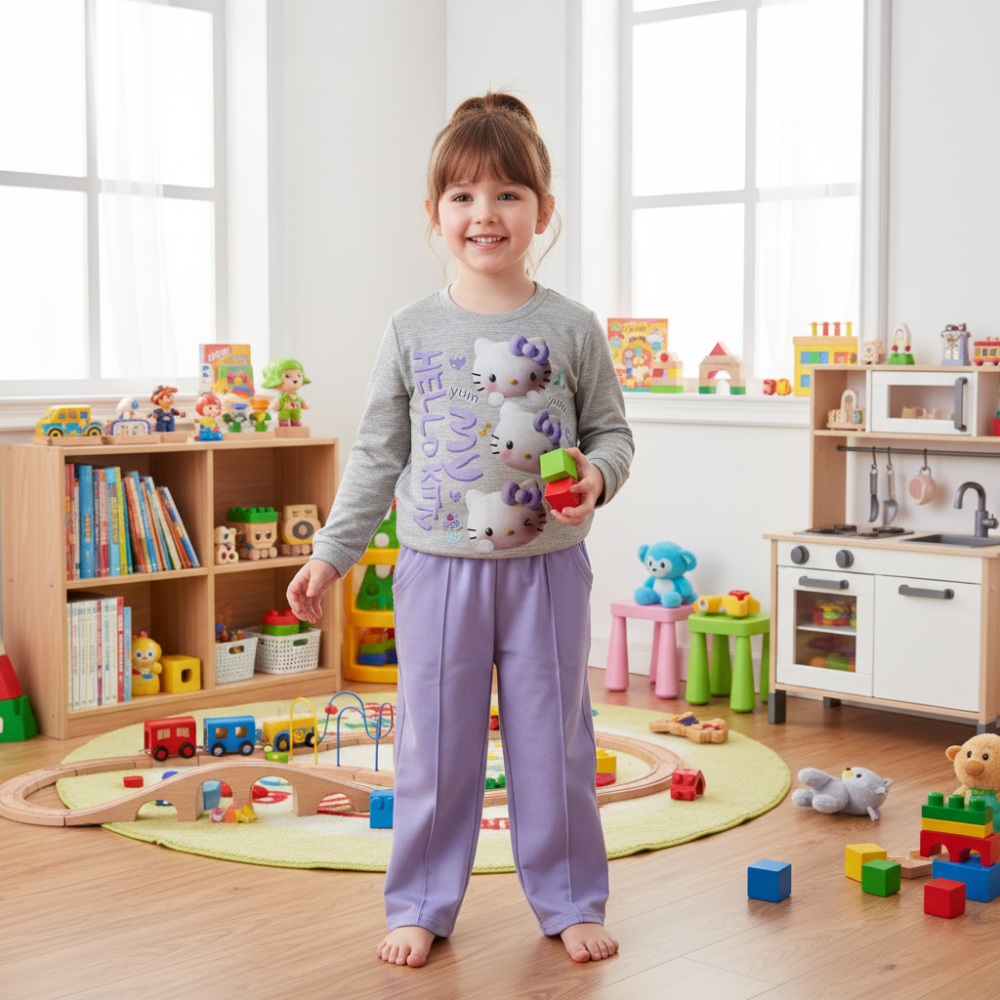 Girls Cotton Pajama Set - "Hello Kitty" Print