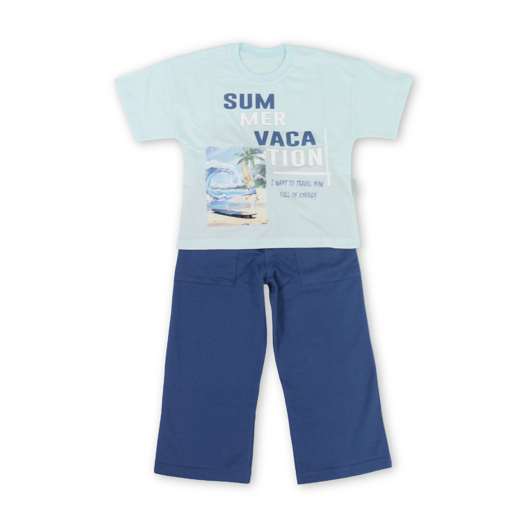 Boys Cotton Pajama – Aqua with "Sum Mer Vaca Tion" Print - Clothing - Dream