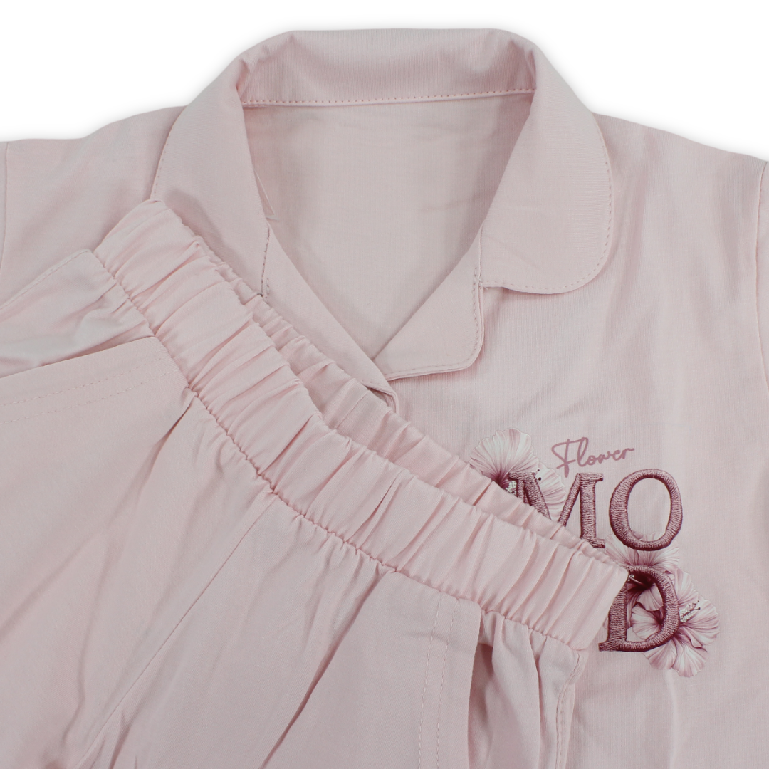 Girls Cotton Pajama – Pink with " Flower Mood" Embroidery