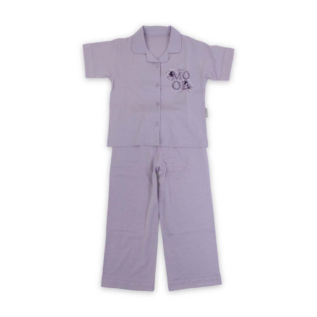 Girls Cotton Pajama – Purple with "Flower Mood" Embroidery - Clothing - Dream