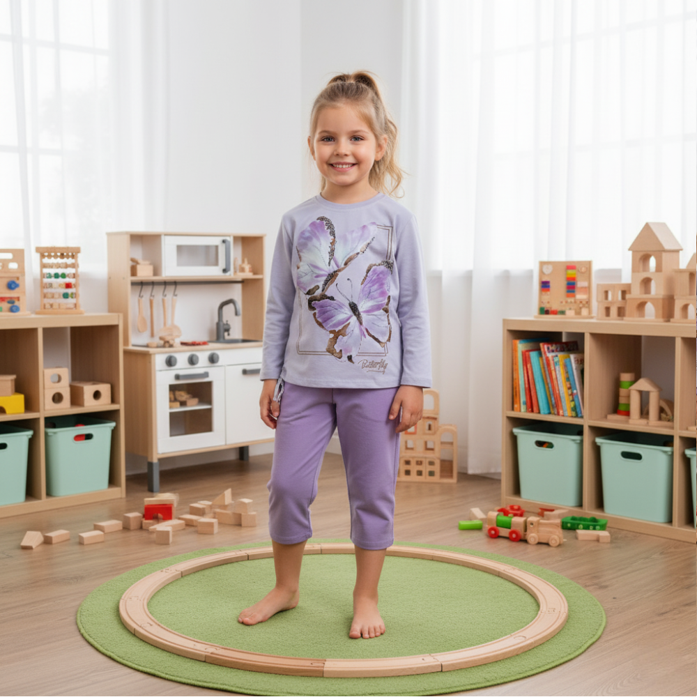 Girls Cotton Pajama Set - Butterfly Print