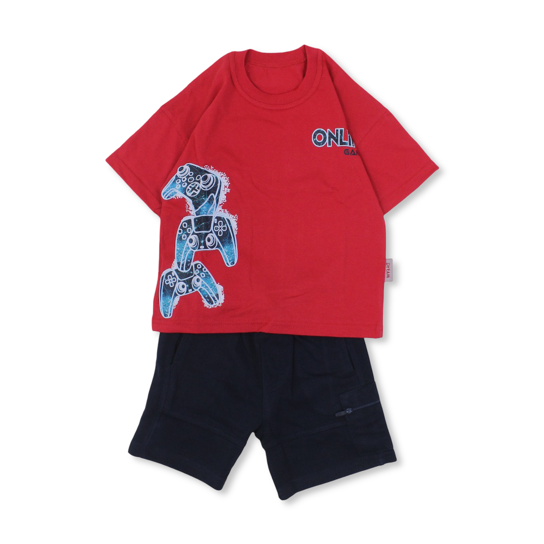 Boys Cotton Short-Sleeved Pajama – Red with "Online Gamer" Print