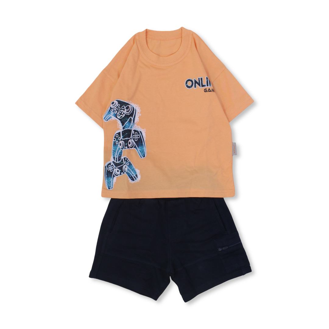 Boys Cotton Short-Sleeved Pajama – Orange with "Online Gamer" Print - Clothing - Dream