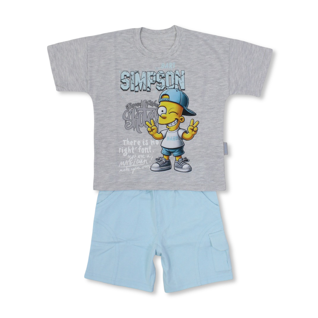 Boys Cotton Short-Sleeved Pajama – Aqua & Grey with Part Simpson Print