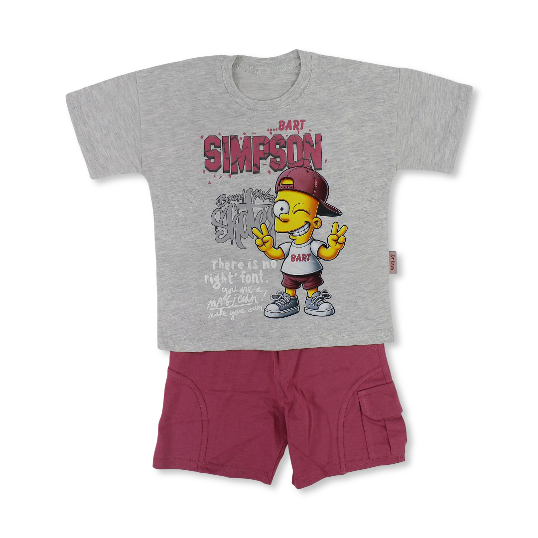 Boys Cotton Pajama – Dusty Pink & Grey with "Simpson" Print