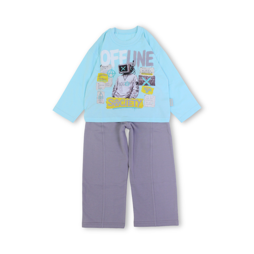 Boys Cotton Long-Sleeved Pajama – " Off Line Society" Print