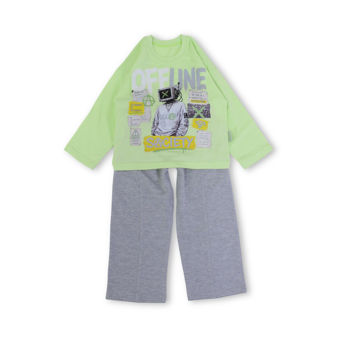 Boys Cotton Long-Sleeved Pajama – " Off Line Society" Print