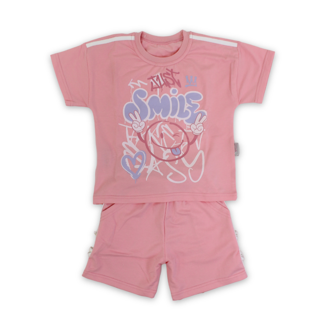 Girls Cotton Pajama Set – Pink with "Smile" Print