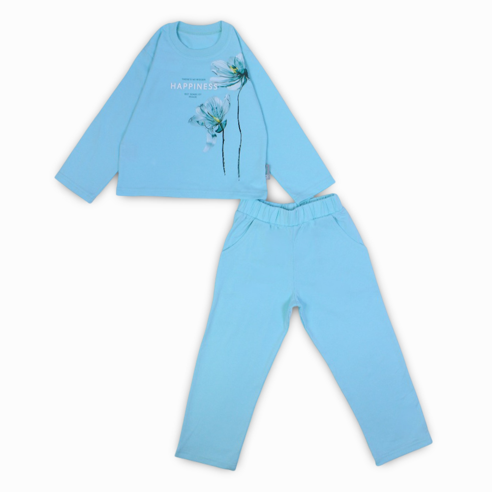 Girls Cotton Pajama Set – Aqua with Floral Print