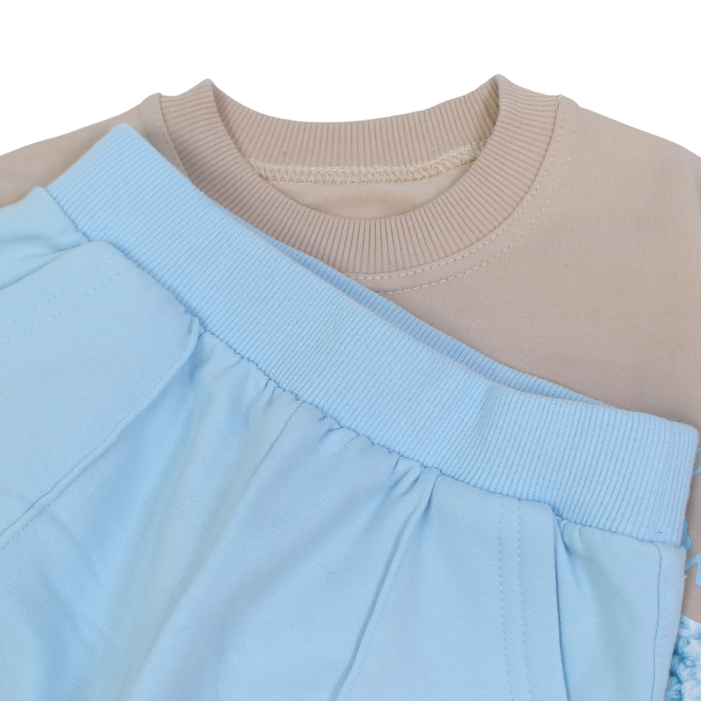 Girls Cotton Pajama Set – Beige/Aqua with “I Love Winter” Flowers Design