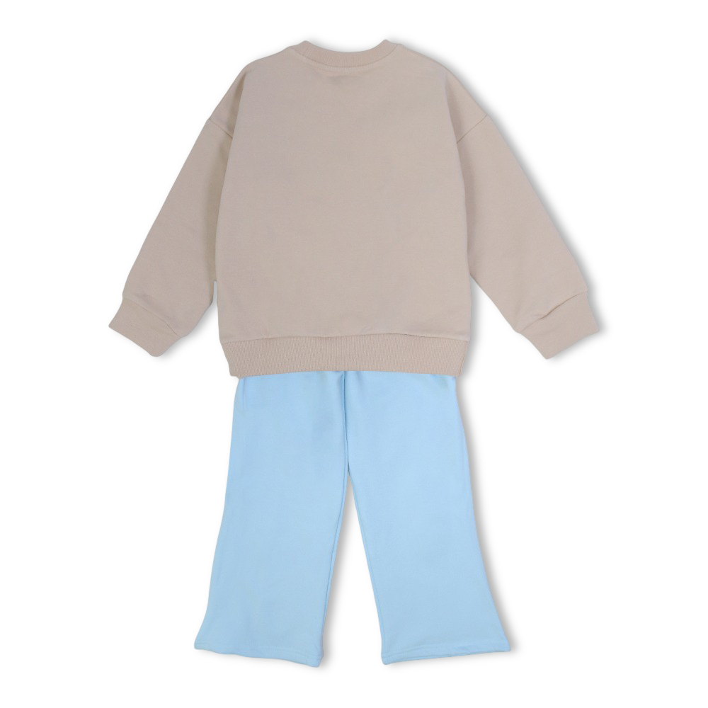 Girls Cotton Pajama Set – Beige/Aqua with “I Love Winter” Flowers Design